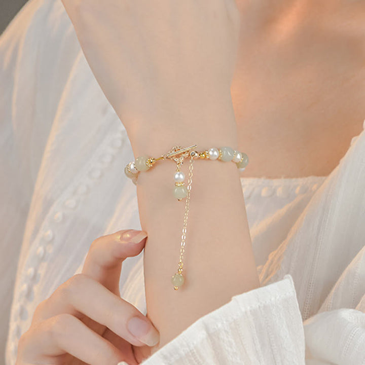 Buddha Stones Hetian Jade Pearl Alloy Four Leaf Clover Pendent Abundance Bracelet - image 7