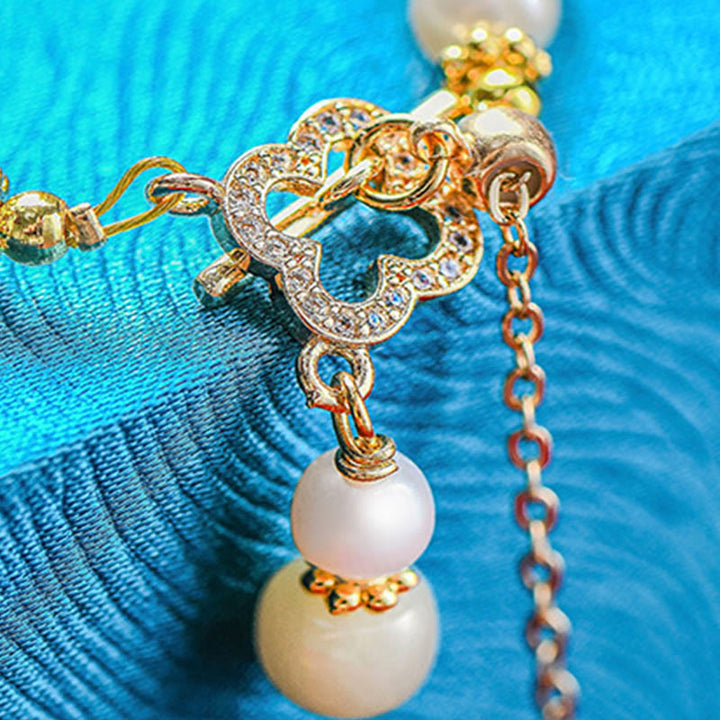 Buddha Stones Hetian Jade Pearl Alloy Four Leaf Clover Pendent Abundance Bracelet - image 4