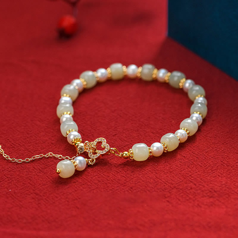 Buddha Stones Hetian Jade Pearl Alloy Four Leaf Clover Pendent Abundance Bracelet - image 1