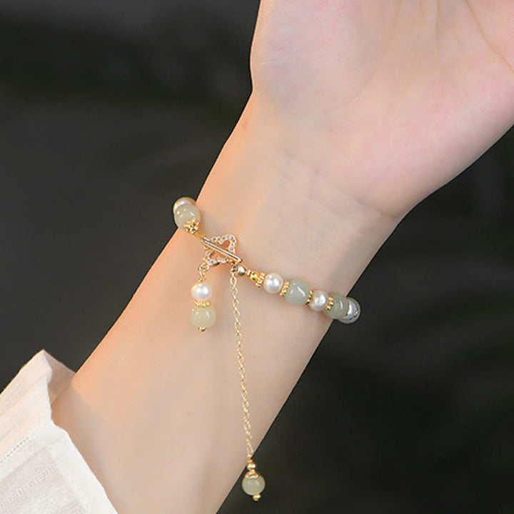 Buddha Stones Hetian Jade Pearl Alloy Four Leaf Clover Pendent Abundance Bracelet - image 9