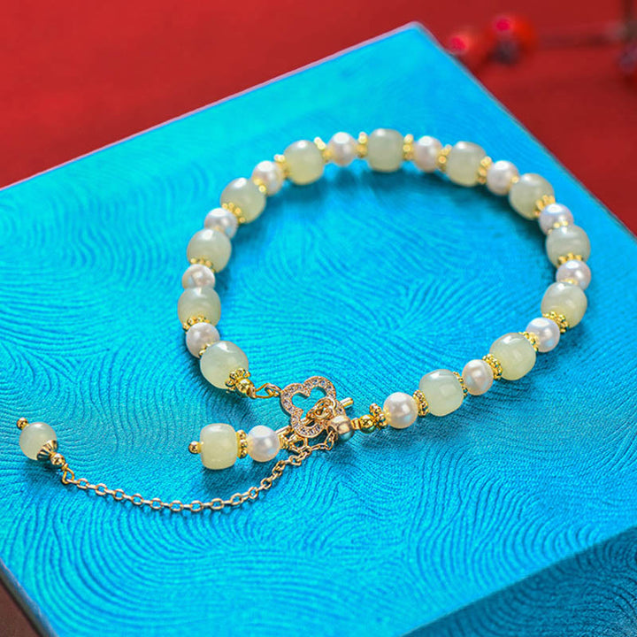 Buddha Stones Hetian Jade Pearl Alloy Four Leaf Clover Pendent Abundance Bracelet - image 10