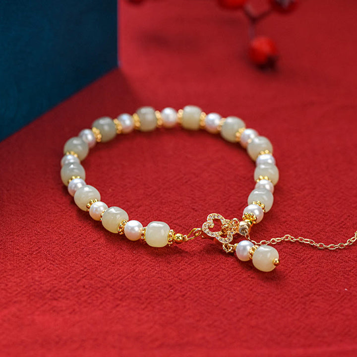 Buddha Stones Hetian Jade Pearl Alloy Four Leaf Clover Pendent Abundance Bracelet - image 2
