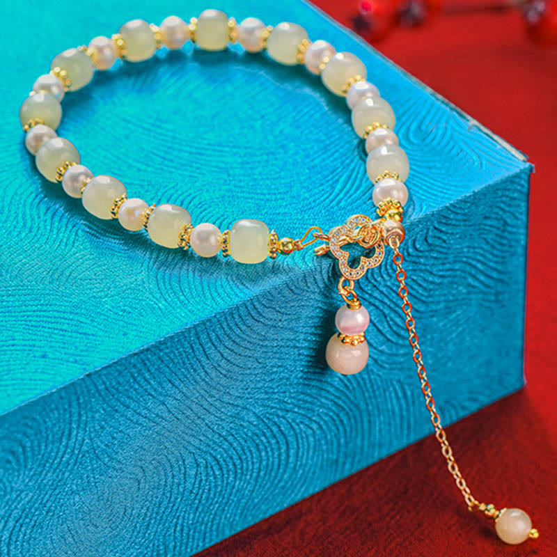 Buddha Stones Hetian Jade Pearl Alloy Four Leaf Clover Pendent Abundance Bracelet - image 11