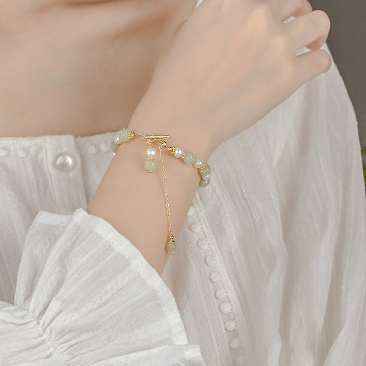 Buddha Stones Hetian Jade Pearl Alloy Four Leaf Clover Pendent Abundance Bracelet - image 8
