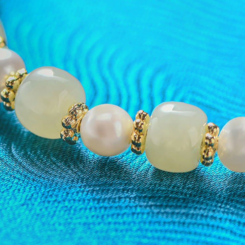 Buddha Stones Hetian Jade Pearl Alloy Four Leaf Clover Pendent Abundance Bracelet - image 3