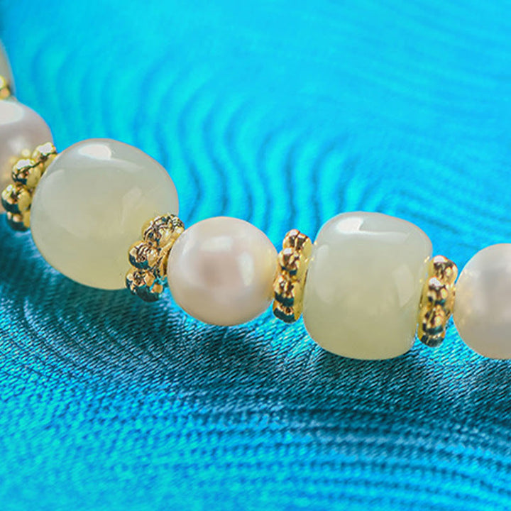Buddha Stones Hetian Jade Pearl Alloy Four Leaf Clover Pendent Abundance Bracelet - image 3