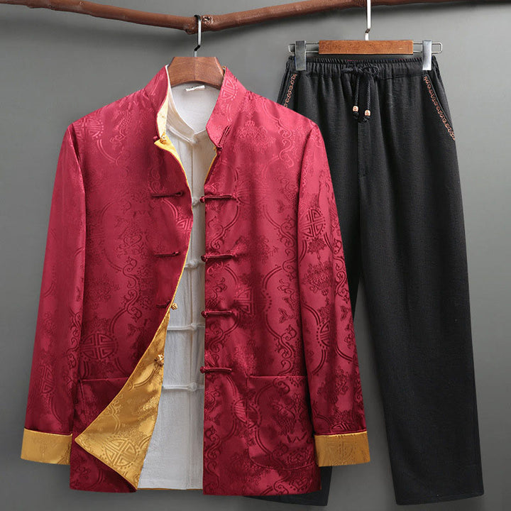 Buddha Stones 2Pcs Men's Tang Suit Koi Fish Pattern Frog-Button Long Sleeve Shirt Pants Set - Crimson - US/UK/AU42，EU52 (3XL) - image 16