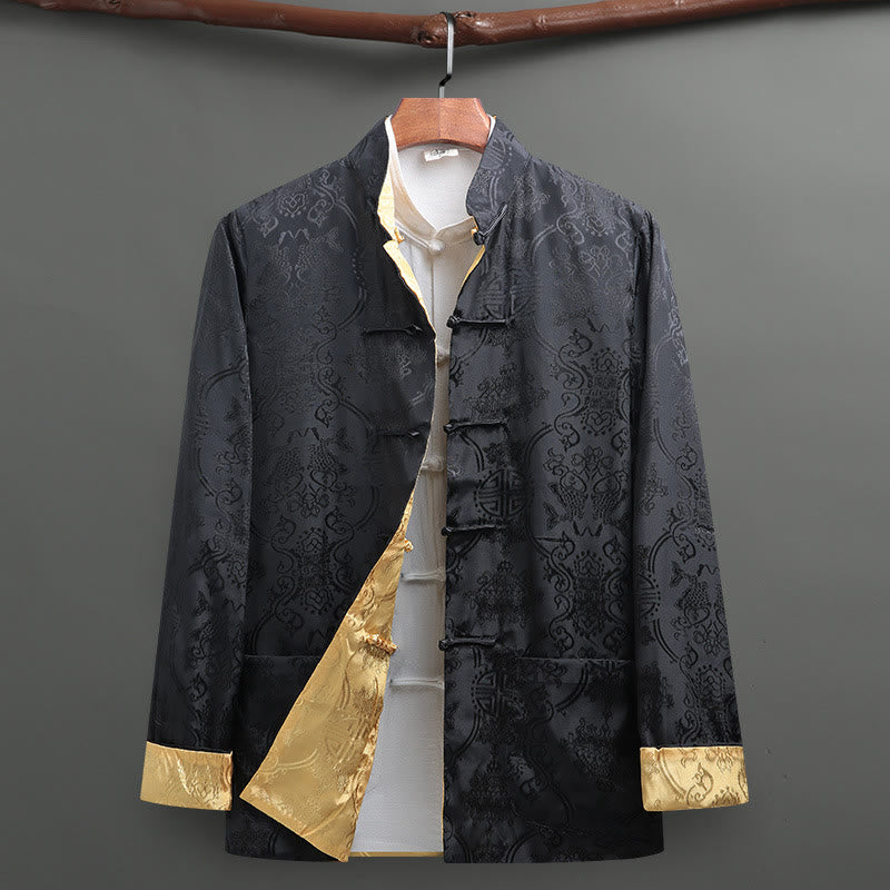 Buddha Stones Men's Frog-Button Tang Suit Koi Fish Pattern Long Sleeve Shirt With Pockets - Black+Yellow - US/UK/AU42，EU52 (3XL) - image 0