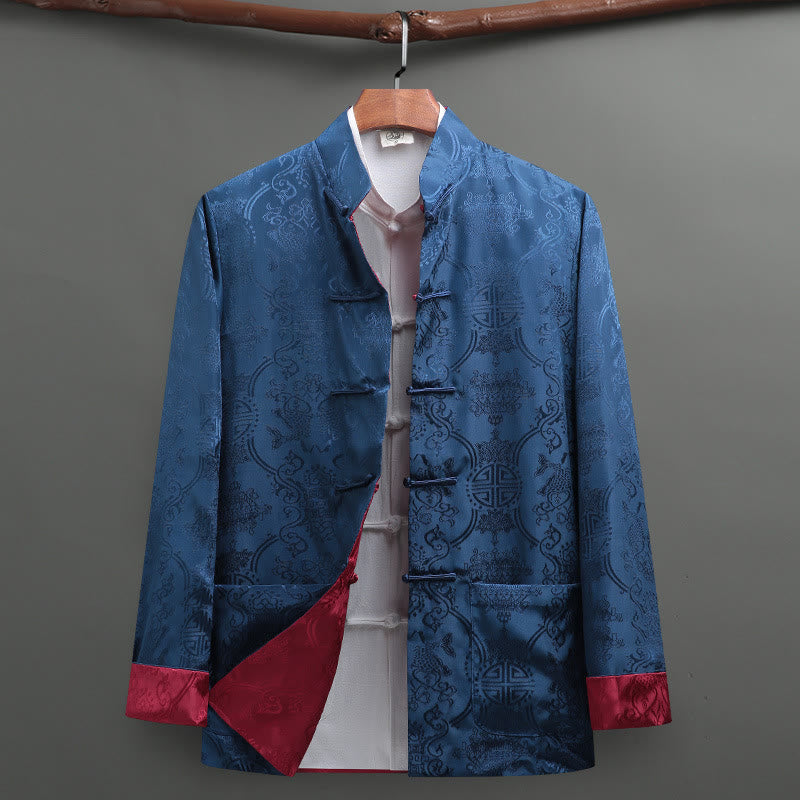 Buddha Stones Men's Frog-Button Tang Suit Koi Fish Pattern Long Sleeve Shirt With Pockets - Blue+Red - US/UK/AU42，EU52 (3XL) - image 11