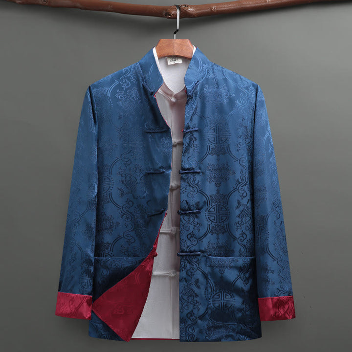 Buddha Stones Men's Frog-Button Tang Suit Koi Fish Pattern Long Sleeve Shirt With Pockets - Blue+Red - US/UK/AU42，EU52 (3XL) - image 11