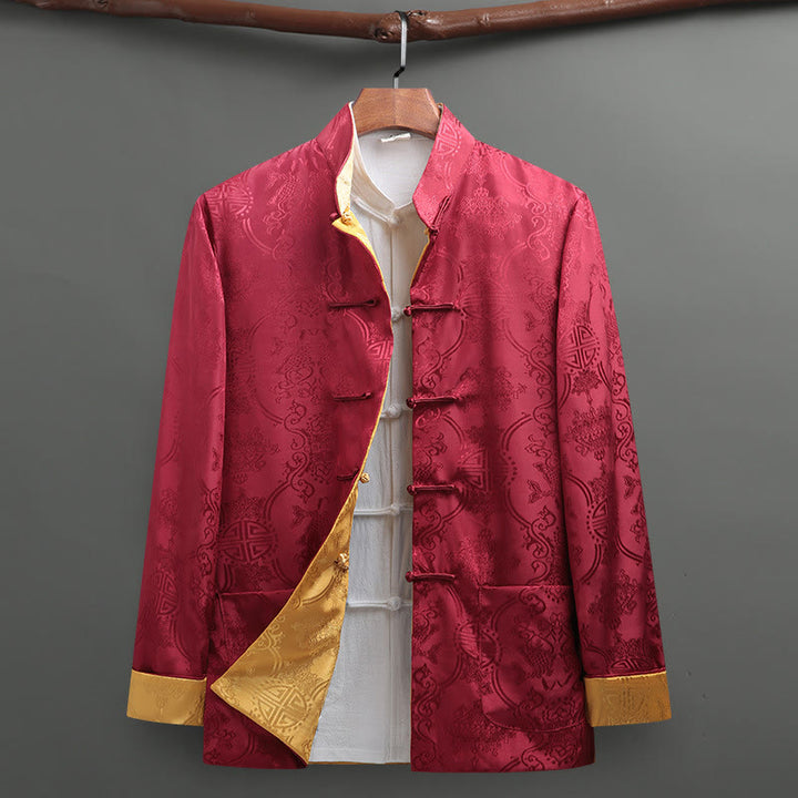 Buddha Stones Men's Frog-Button Tang Suit Koi Fish Pattern Long Sleeve Shirt With Pockets - Crimson - US/UK/AU42，EU52 (3XL) - image 9