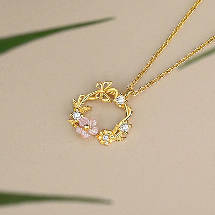 Buddha Stones 925 Sterling Silver Cubic Zirconia Shell Butterfly Peach Blossom Blessing Necklace Pendant - image 2