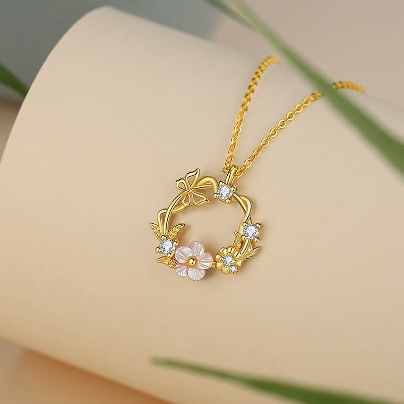 Buddha Stones 925 Sterling Silver Cubic Zirconia Shell Butterfly Peach Blossom Blessing Necklace Pendant - image 3