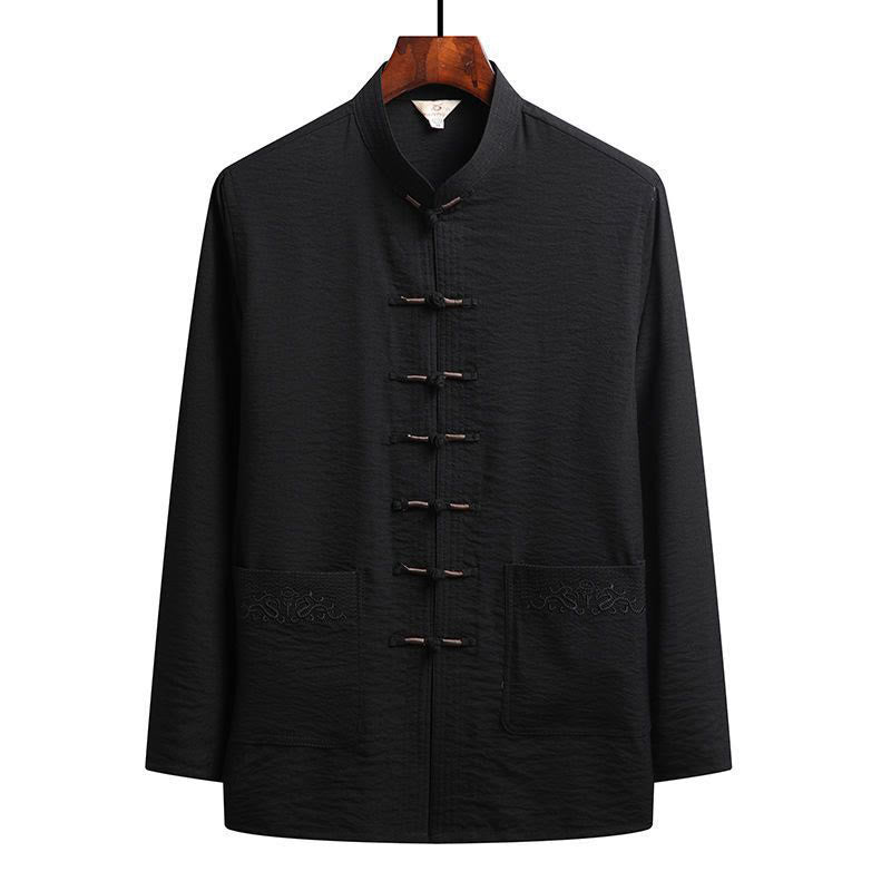 Buddha Stones 2Pcs Plain Tang Suit Men's Frog-Button Long Sleeve Shirt Pants Set - Black - Shirt - US/UK/AU44，EU54 (4XL) - image 11
