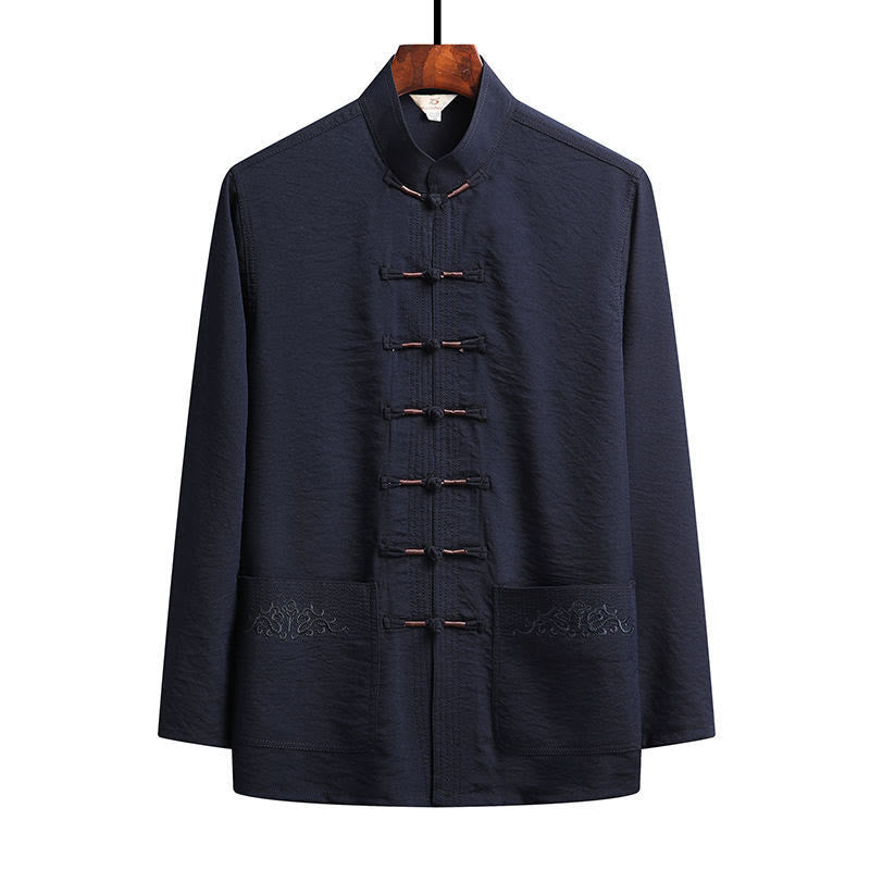 Buddha Stones 2Pcs Plain Tang Suit Men's Frog-Button Long Sleeve Shirt Pants Set - SteelBlue - Shirt - US/UK/AU44，EU54 (4XL) - image 1