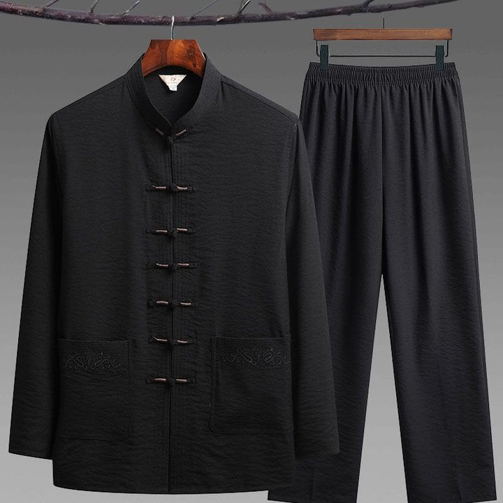 Buddha Stones 2Pcs Plain Tang Suit Men's Frog-Button Long Sleeve Shirt Pants Set - Black - 2Pcs Set - US/UK/AU44，EU54 (4XL) - image 10