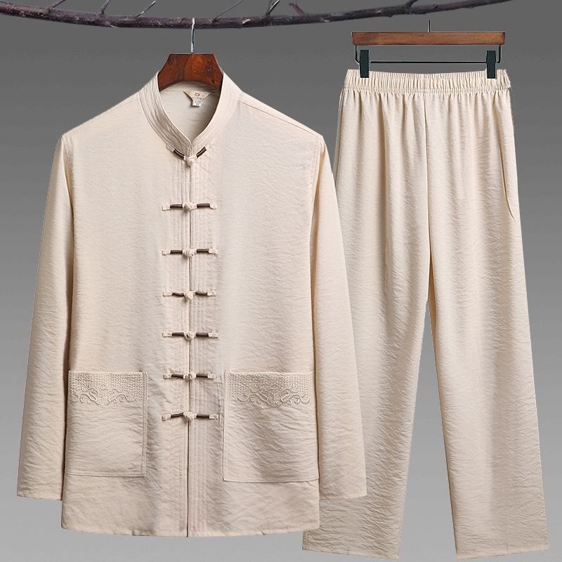 Buddha Stones 2Pcs Plain Tang Suit Men's Frog-Button Long Sleeve Shirt Pants Set - Bisque - 2Pcs Set - US/UK/AU44，EU54 (4XL) - image 18