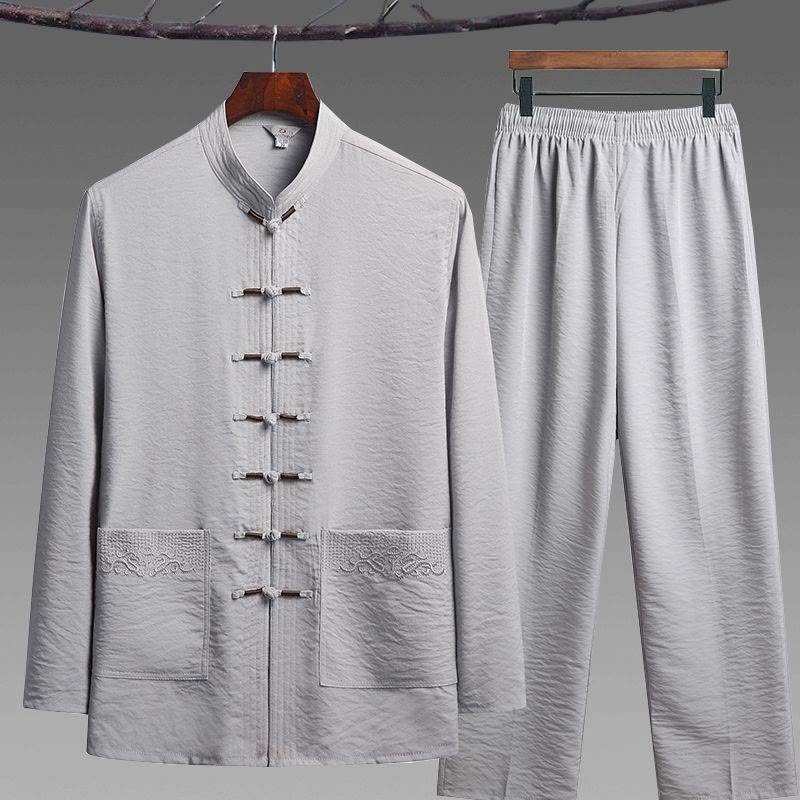 Buddha Stones 2Pcs Plain Tang Suit Men's Frog-Button Long Sleeve Shirt Pants Set - LightGrey - 2Pcs Set - US/UK/AU44，EU54 (4XL) - image 12