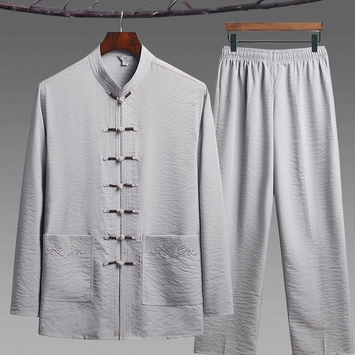 Buddha Stones 2Pcs Plain Tang Suit Men's Frog-Button Long Sleeve Shirt Pants Set - LightGrey - 2Pcs Set - US/UK/AU44，EU54 (4XL) - image 12