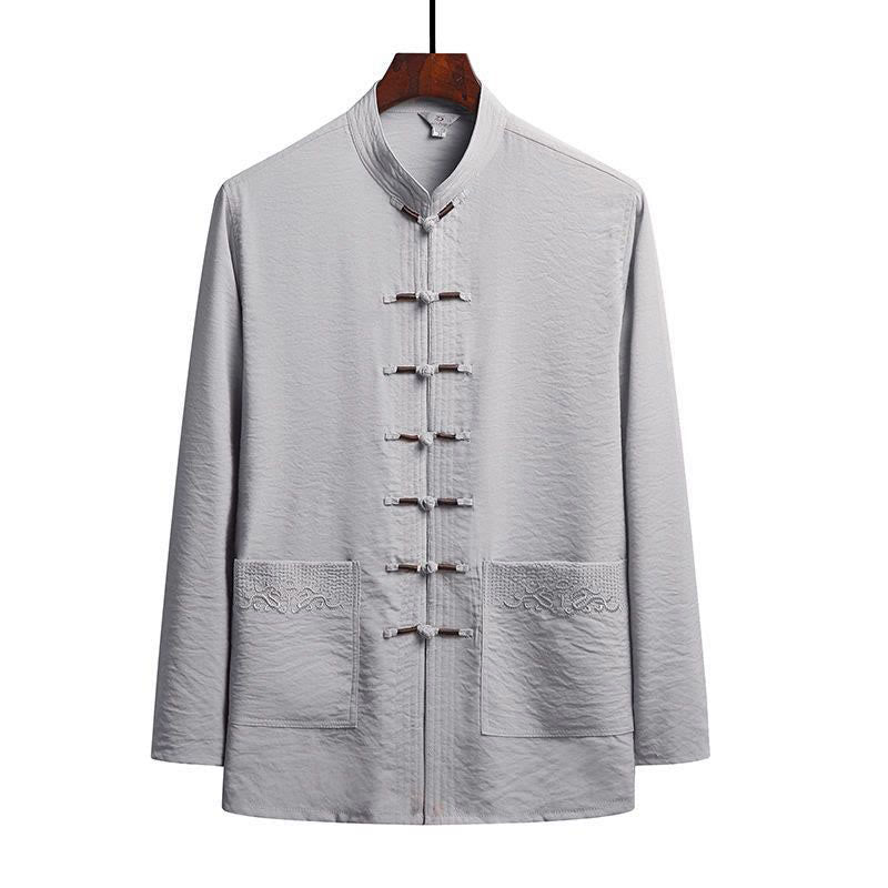 Buddha Stones 2Pcs Plain Tang Suit Men's Frog-Button Long Sleeve Shirt Pants Set - LightGrey - Shirt - US/UK/AU42，EU52 (4XL) - image 11