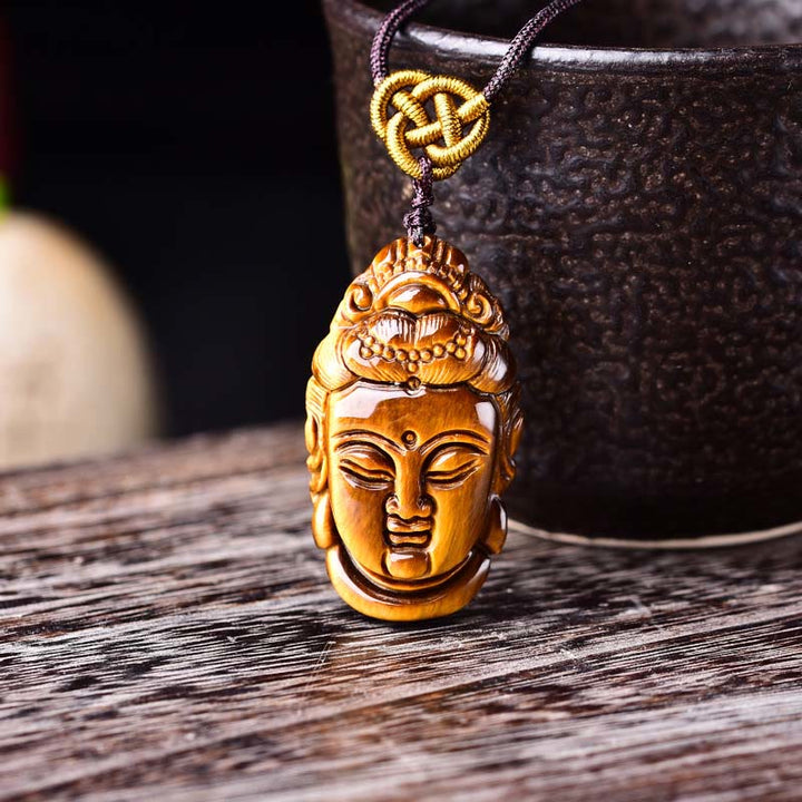 Buddha Stones Tiger Eye Kwan Yin Avalokitesvara Head String Strength Necklace Pendant - image 6