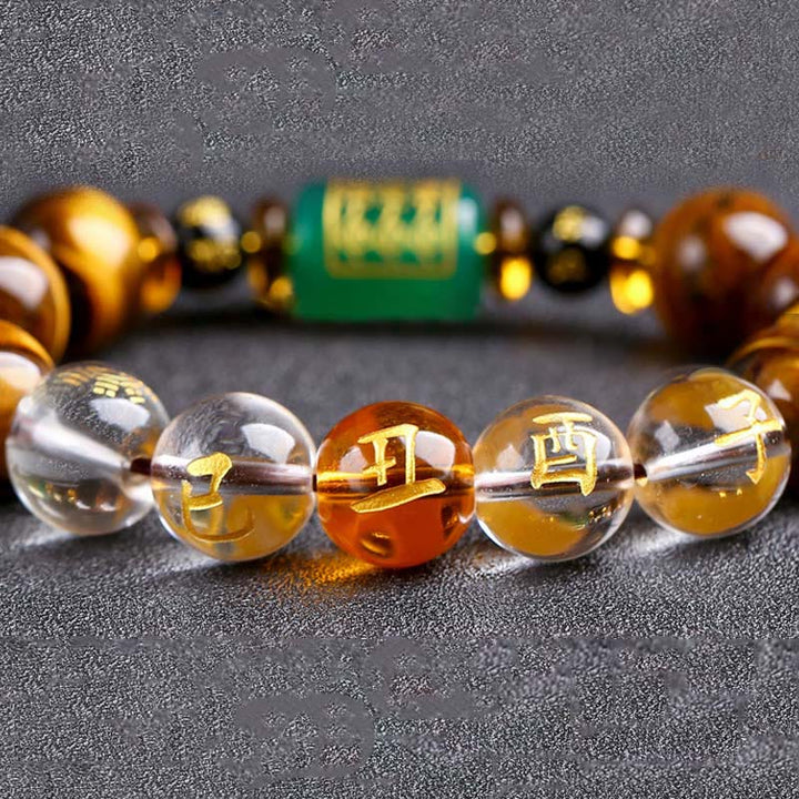Buddha Stones Chinese Zodiac Tiger Eye White Crystal Courage Bracelet - Ox(Wrist Circumference: 14-16cm) - 14mm - image 31