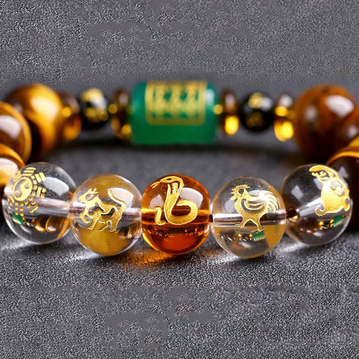Buddha Stones Chinese Zodiac Tiger Eye White Crystal Courage Bracelet - image 38