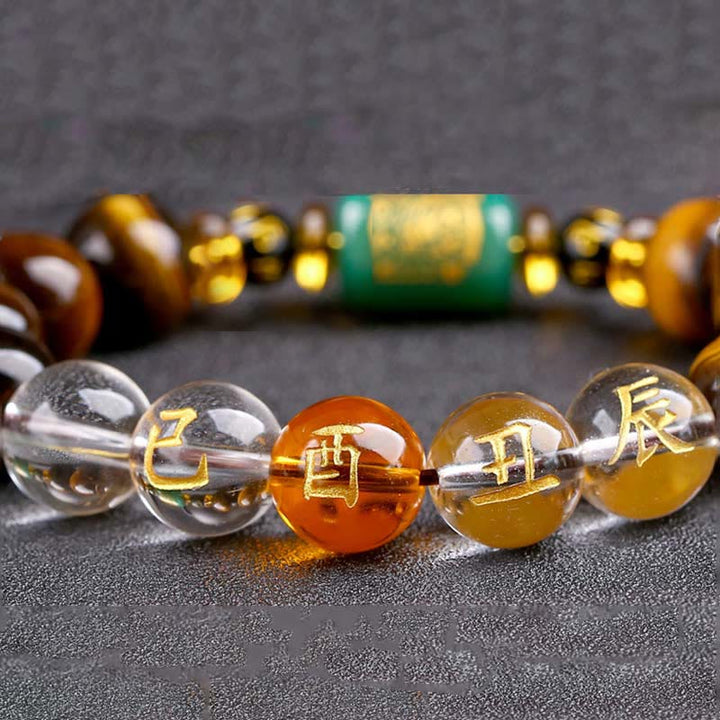 Buddha Stones Chinese Zodiac Tiger Eye White Crystal Courage Bracelet - Rooster(Wrist Circumference: 14-16cm) - 14mm - image 50