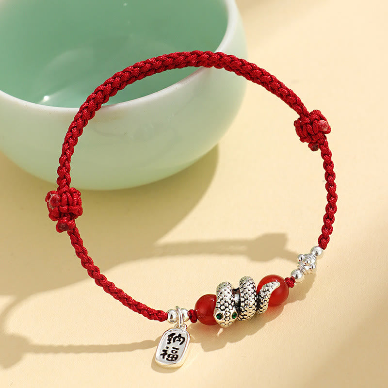 Buddha Stones Fu Character Agate Year Of The Snake Lucky Fortune Charm String Luck Bracelet - Red Agate Red Rope Copper Snake(Wrist Circumference: 15-18cm) - image 1