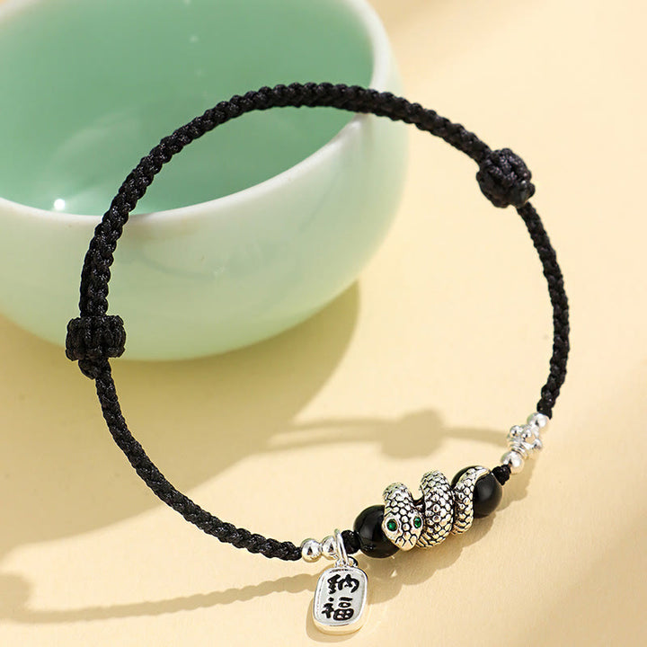 Buddha Stones Fu Character Agate Year Of The Snake Lucky Fortune Charm String Luck Bracelet - Black Onyx Black Rope Copper Snake(Wrist Circumference: 15-18cm) - image 9
