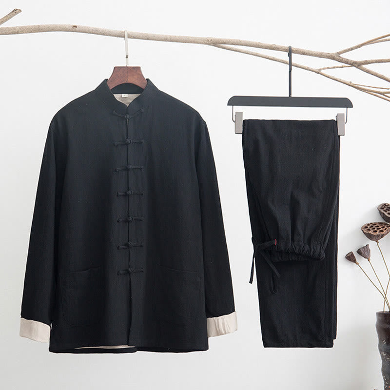 Buddha Stones 2Pcs Zen Tang Suit Men's Linen Frog-Button Long Sleeve Shirt Pants Set - Black - US/UK/AU44，EU54 (4XL) - image 2