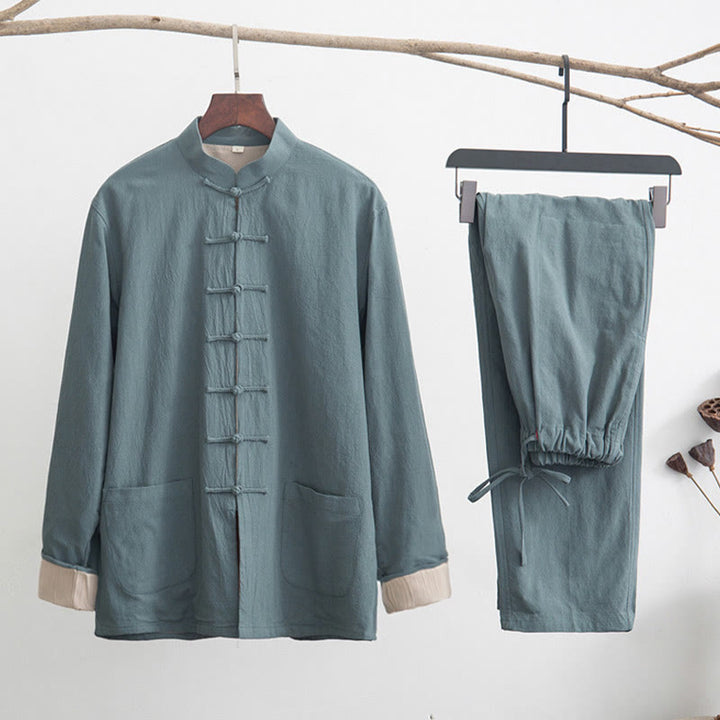 Buddha Stones 2Pcs Zen Tang Suit Men's Linen Frog-Button Long Sleeve Shirt Pants Set - CadetBlue - US/UK/AU44，EU54 (4XL) - image 4