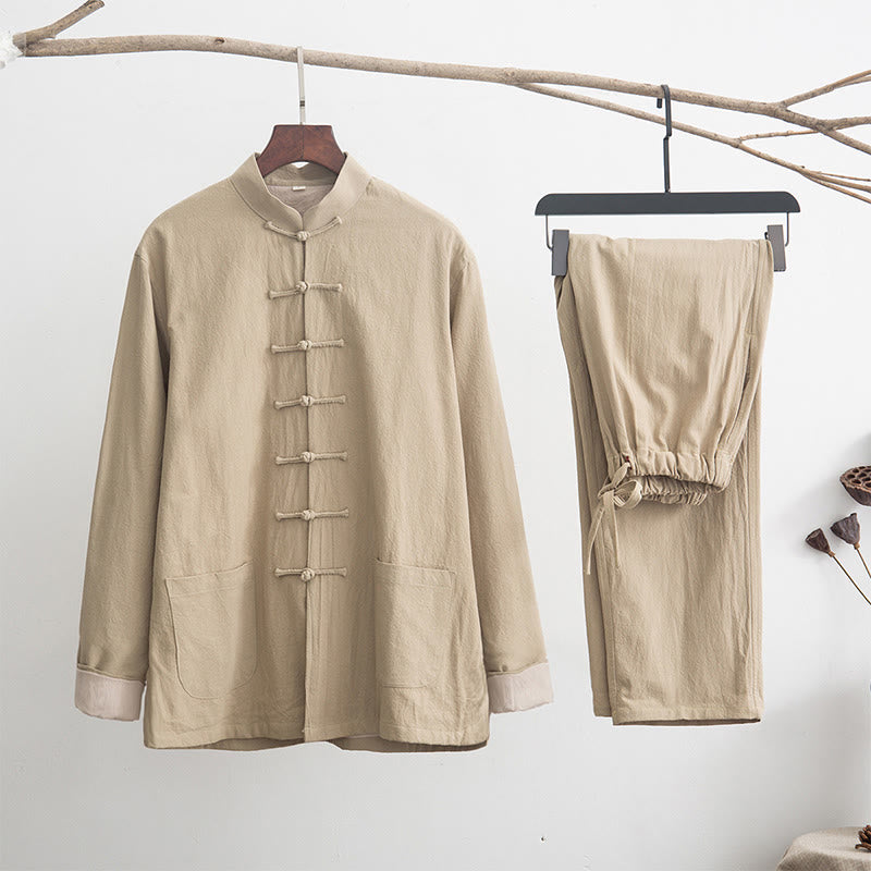 Buddha Stones 2Pcs Zen Tang Suit Men's Linen Frog-Button Long Sleeve Shirt Pants Set - Moccasin - US/UK/AU44，EU54 (4XL) - image 20