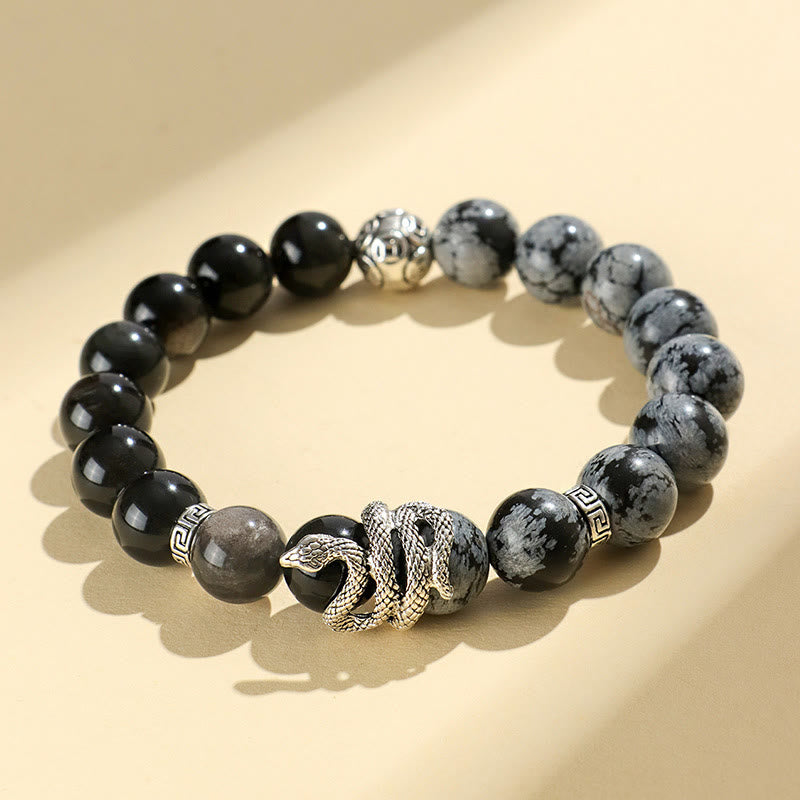 Buddha Stones Natural Silver Sheen Obsidian White Turquoise Grey Jasper Snowflake Obsidian Year Of The Snake Protection Bracelet - Silver Sheen Obsidian Snowflake Obsidian(Wrist Circumference: 15-18cm) - image 12