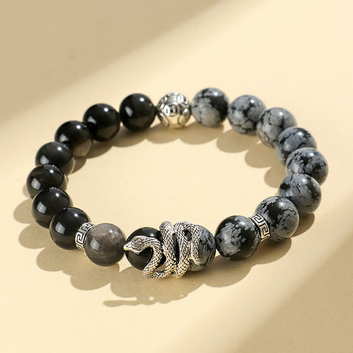 Buddha Stones Natural Silver Sheen Obsidian White Turquoise Grey Jasper Snowflake Obsidian Year Of The Snake Protection Bracelet - Silver Sheen Obsidian Snowflake Obsidian(Wrist Circumference: 15-18cm) - image 12