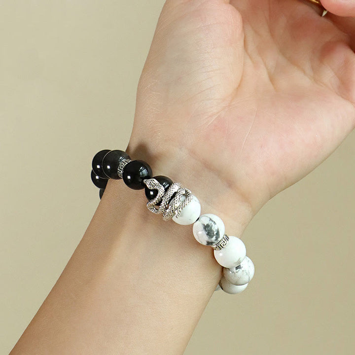 Buddha Stones Natural Silver Sheen Obsidian White Turquoise Grey Jasper Snowflake Obsidian Year Of The Snake Protection Bracelet - image 3