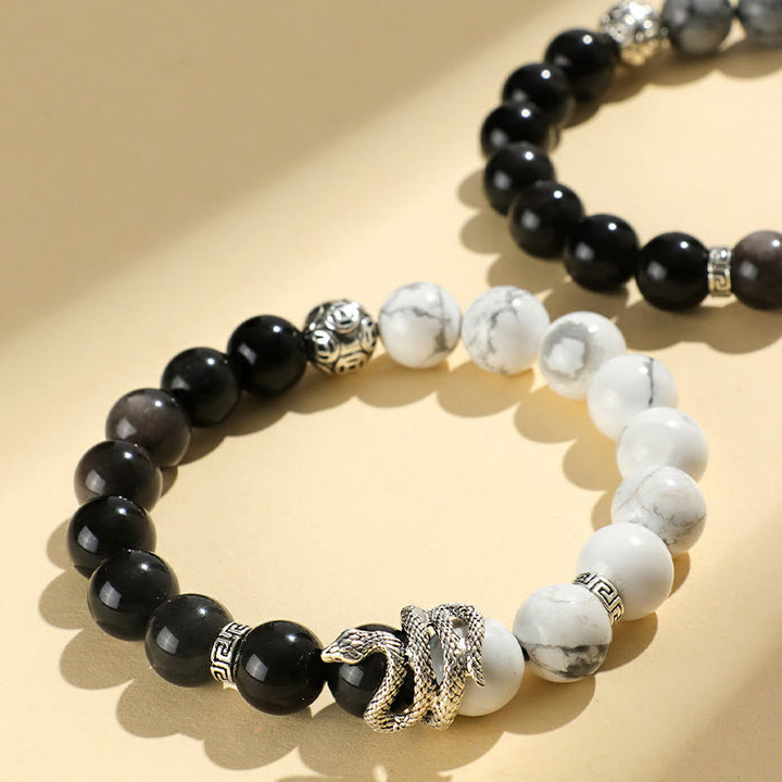 Buddha Stones Natural Silver Sheen Obsidian White Turquoise Grey Jasper Snowflake Obsidian Year Of The Snake Protection Bracelet - image 5