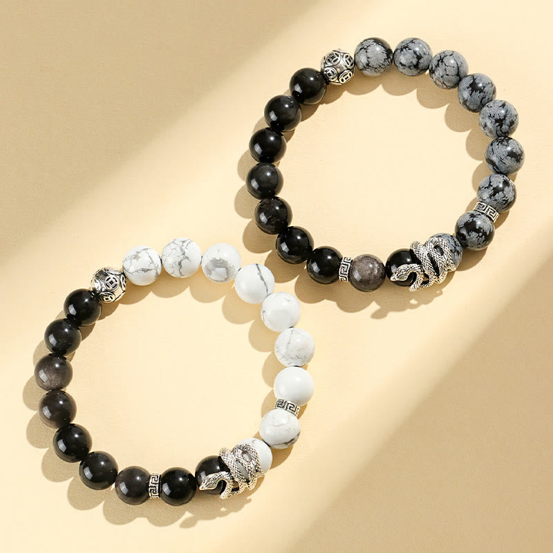 Buddha Stones Natural Silver Sheen Obsidian White Turquoise Grey Jasper Snowflake Obsidian Year Of The Snake Protection Bracelet - image 6