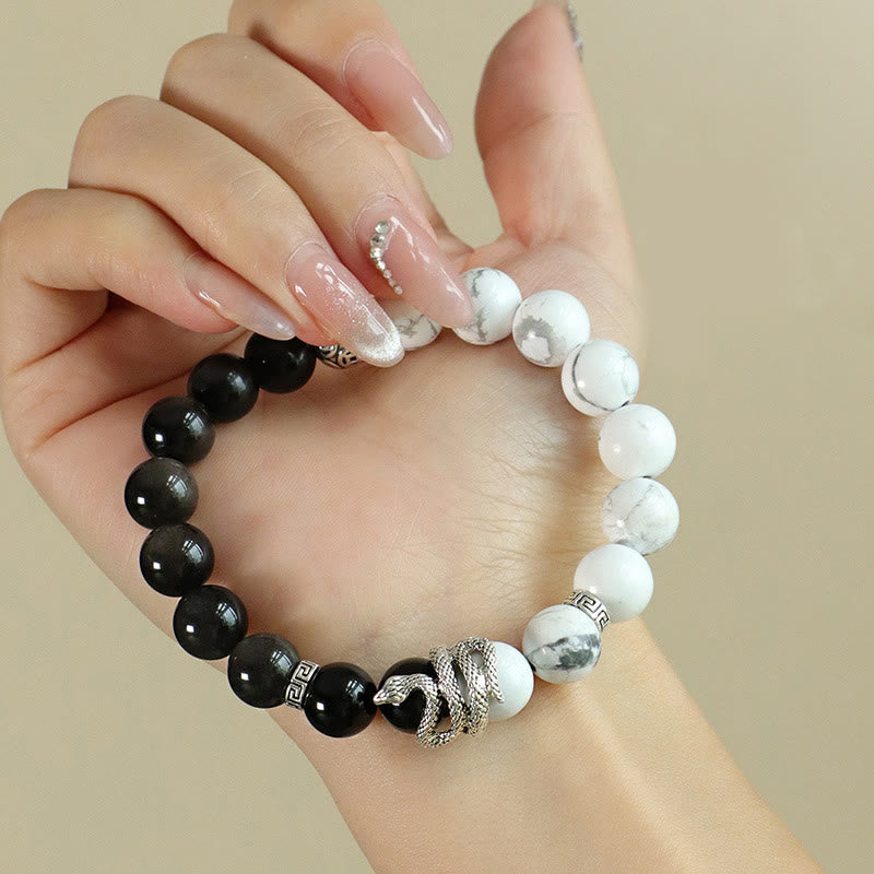 Buddha Stones Natural Silver Sheen Obsidian White Turquoise Grey Jasper Snowflake Obsidian Year Of The Snake Protection Bracelet - image 4