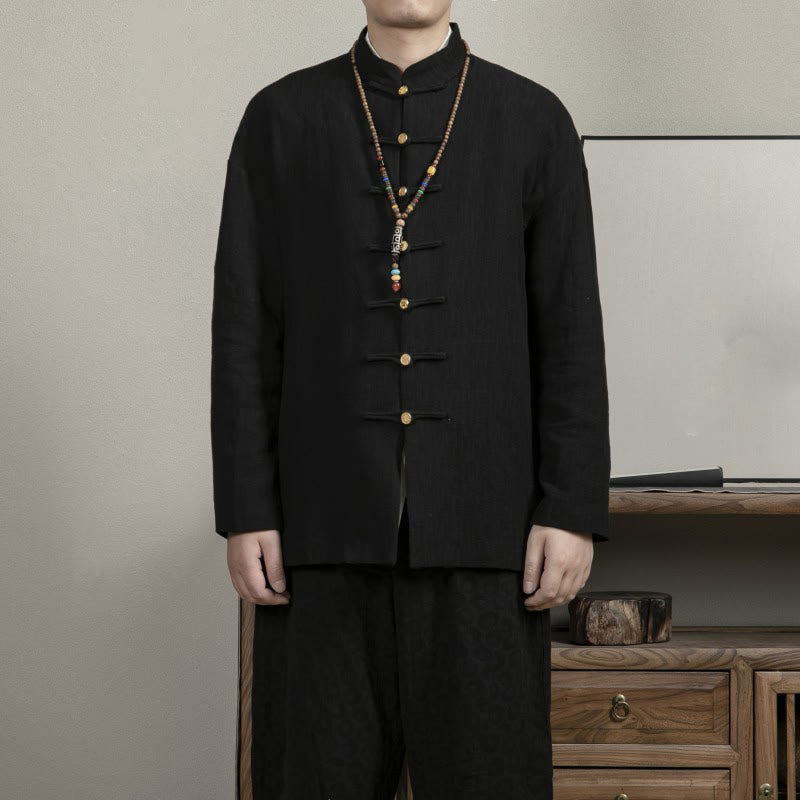 Buddha Stones Casual Frog-Button Tang Suit Jacquard Linen Men's Shirt - Black - US/UK/AU44，EU54 (4XL) - image 0