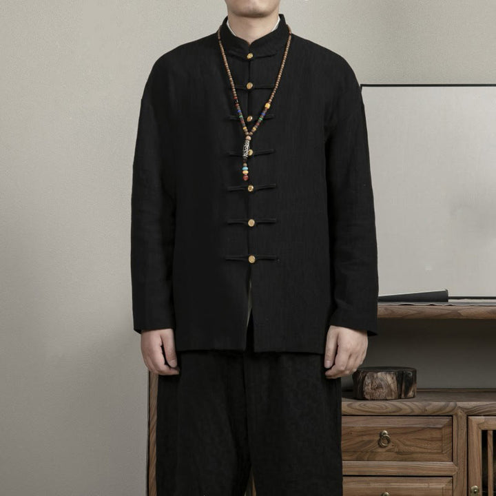 Buddha Stones Casual Frog-Button Tang Suit Jacquard Linen Men's Shirt - Black - US/UK/AU44，EU54 (4XL) - image 0