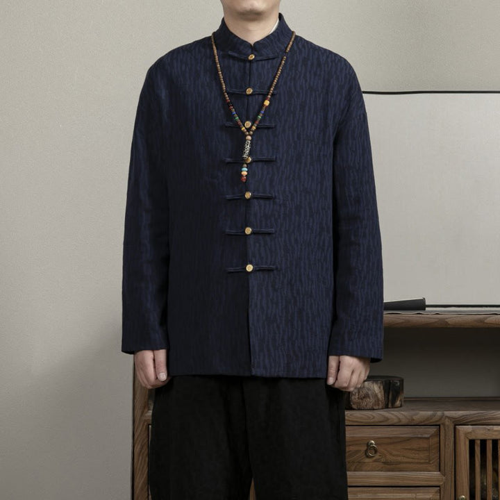Buddha Stones Casual Frog-Button Tang Suit Jacquard Linen Men's Shirt - SteelBlue - US/UK/AU44，EU54 (4XL) - image 7