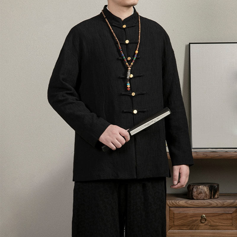 Buddha Stones Casual Frog-Button Tang Suit Jacquard Linen Men's Shirt - image 1