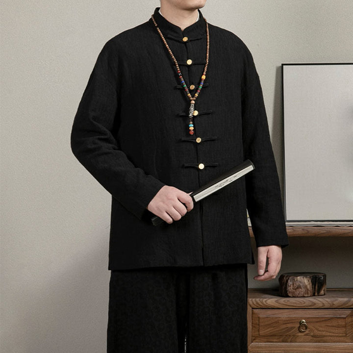 Buddha Stones Casual Frog-Button Tang Suit Jacquard Linen Men's Shirt - image 1