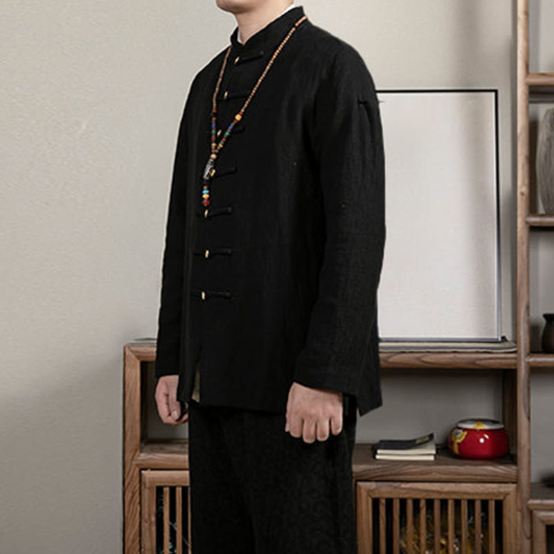 Buddha Stones Casual Frog-Button Tang Suit Jacquard Linen Men's Shirt - image 3