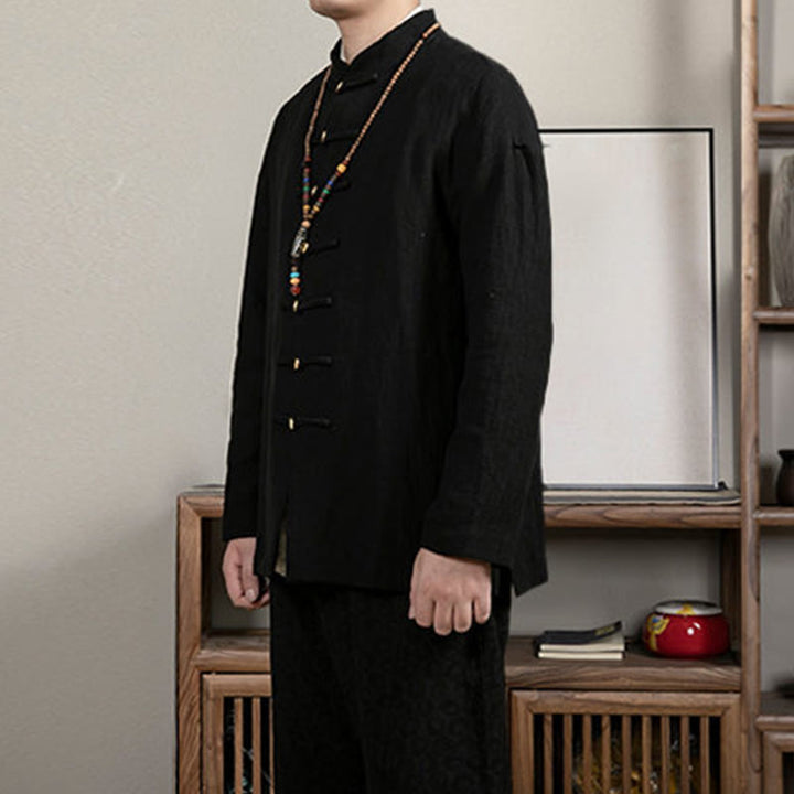 Buddha Stones Casual Frog-Button Tang Suit Jacquard Linen Men's Shirt - image 3