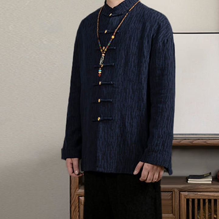 Buddha Stones Casual Frog-Button Tang Suit Jacquard Linen Men's Shirt - image 8