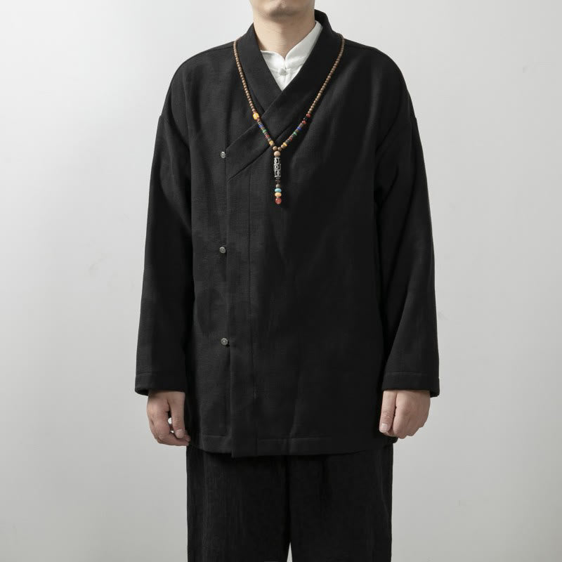 Buddha Stones Solid Color Men's V-Neck Long Sleeve Shirt Jacquard Cotton Clothing - Black - US/UK/AU44，EU54 (4XL) - image 9