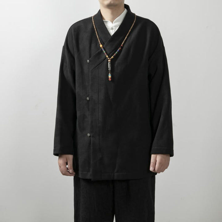Buddha Stones Solid Color Men's V-Neck Long Sleeve Shirt Jacquard Cotton Clothing - Black - US/UK/AU44，EU54 (4XL) - image 9