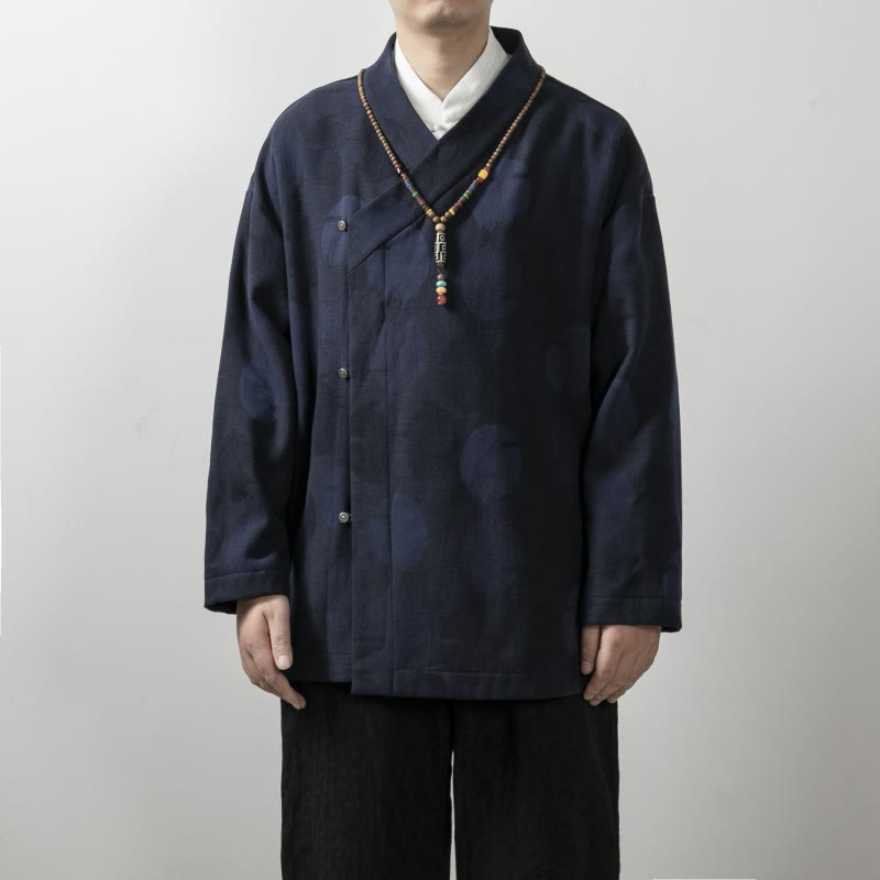 Buddha Stones Solid Color Men's V-Neck Long Sleeve Shirt Jacquard Cotton Clothing - SteelBlue - US/UK/AU44，EU54 (4XL) - image 0